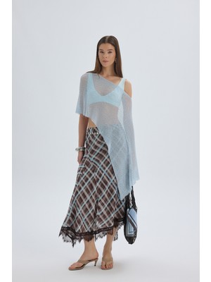 Mai Maffy Dantel Detay Ekoseli Mavi Midi Etek