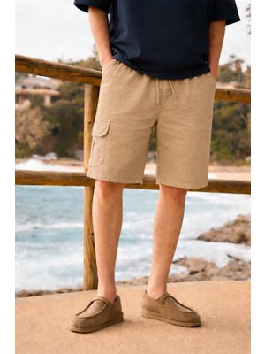 Damga Erkek Relax Fit Salaş Kargo Cep Bej Keten Şort