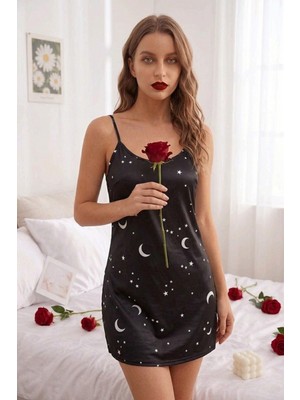 Feifei Gece Işıltısı Yıldız Desenli Saten Askılı Gecelik - FEİ4668-9795