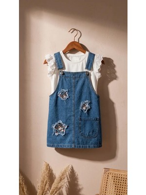 Mutlu Bebe Bulvar Kız Çocuk Kuromi Karakter Nakışlı Kot Jile Salopet ve Fisto Kollu Tişört 2'li Takım