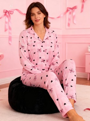 NiCe İç Giyim Pembe Renk Kurdela & Kalp Desen Gömlek Yaka Düğmeli Milan Kumaş Baharlık Uzun Kol Kadın Pijama Takım