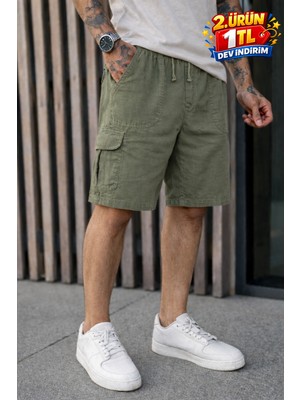 Damga Erkek Trend Düşük Bel Kargo Cepli Bol Yeşil Keten Şort