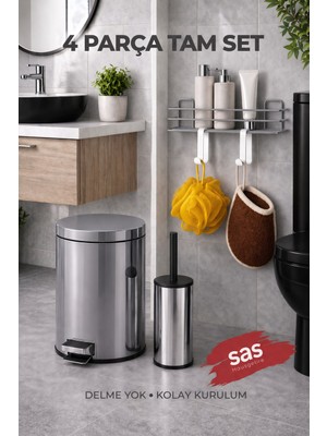 Sas Haus 4 Parça Banyo Aksesuar Seti Yapışkanlı Duvar Rafı 5 Lt Çöp Kovası Tuvalet Fırça Krom Titan 7104