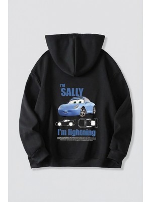 Pileli Store Sevgililer Günü Özel Kapüşonlu Araba Baskılı Oversize Sweatshirt - Siyah