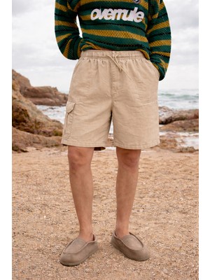 Damga Erkek Düşük Bel Premium Kargo Cepli Bej Keten Şort