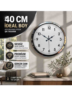 40 cm Metal Krom Duvar Saati Sessiz Mekanizma Camlı Modern Salon Ofis Saati