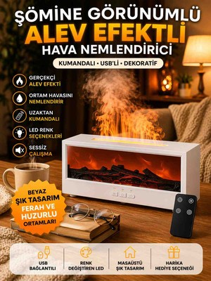 Şömine Görünümlü Alev Efektli Hava Nemlendirici Kumandalı USB LED Gece Lambası Difüzör