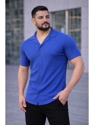 Pileli Store Erkek Waffle Kumaş Kısa Kollu Düğmeli Açık Yaka Regular Fit Gömlek - Saks Mavisi