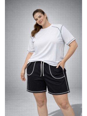 Pileli Store Kadın Battal Beden Kısa Kol Tişört Şort Ikili Takım Kontrast Dikişli - Beyaz