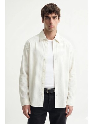 Antioch Ekru Relaxed Fit Çizgili Erkek Gömlek