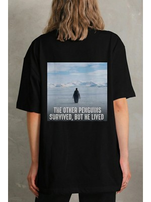 Pileli Store Kadın T-Shirt Penguen Baskılı Bisiklet Yaka Kısa Kol Yazlık Tişört - Siyah