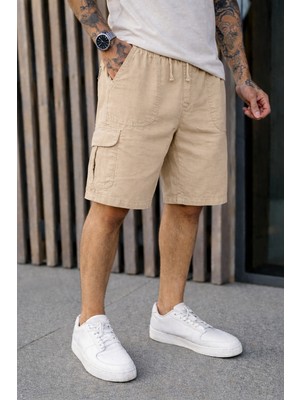 Damga Erkek Trend Düşük Bel Kargo Cepli Bol Bej Keten Şort