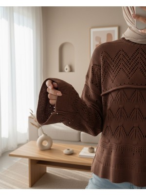 Moda Morfo Ajurlu Ponponlu Uzun Kol Triko Kazak -Kahve