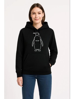 Pileli Store Kadın 3 Iplik Pamuklu Kapüşonlu Hoodie Sweatshirt Nihilist Penguen Baskılı - Siyah