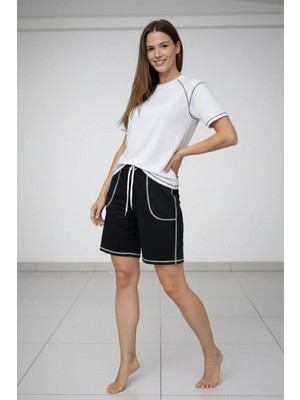 Pileli Store Kadın Kısa Kol Oversize Kalıp Tişört Şort Ikili Takım Kontrast Dikişli - Beyaz