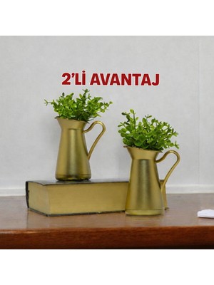 B&Nine 2’li Gold Dekoratif Vazo Yapay Çiçek Seti – Modern Masa Üstü Saksı, Ev Ofis Dekorasyon