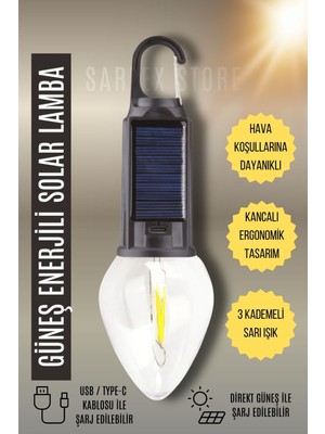 Sarfex Solar LED Ampul Güneş Enerjili + USB Şarjlı Bahçe Balkon Teras Kamp Karavan Aydınlatması Lambası