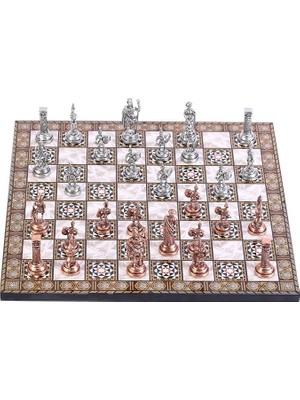 Orta Boy Metal Roma Satranç Takımı Antik ve Sedef Desenli Mdf Ahşap Satranç Tahtası (37X37 Cm.)