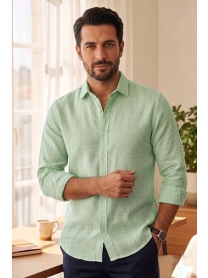 Zueofficial Erkek Açık Yeşil Müslin Kumaş Klasik Yaka Gömlek – Uzun Kollu / Rahat Kesim