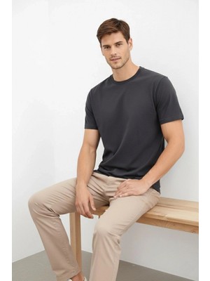 Pileli Store Erkek Bisiklet Yaka Yazlık Kısa Kol Düz Tişört Regular Kalıp T-Shirt - Füme