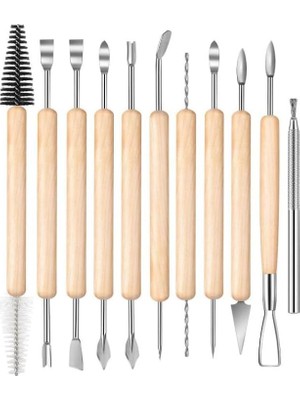 Kil Çömlek Şekillendirici Ahşap Saplı 11 Parça 1 Paket Seramik Modelaj Oyma ve Temizleme Seti