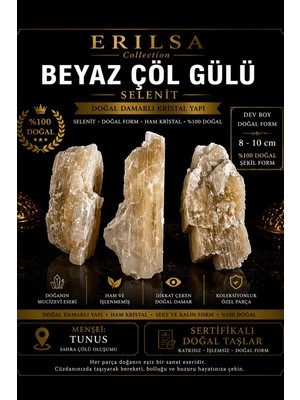 Erilsa Sertifikalı Beyaz Çöl Gülü Selenit Taşı Kütle 8-10 cm Dev Boy Doğal Damarlı Ham Kristal