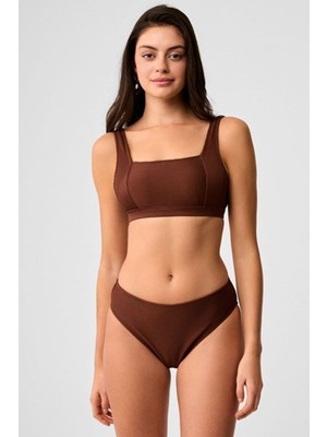 Kom Kadın Düz Renk Çıkarılabilir Kaplı Dokulu Kumaşlı Büstiyer Bikini Takımı
