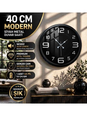 40 cm Siyah Metal Duvar Saati Sessiz Mekanizma Modern Dekoratif Salon Ofis Saati