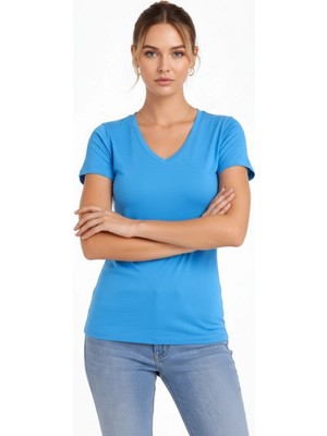 Pileli Store Kadın T-Shirt V Yaka Slim Fit Likralı Tişört Yazlık Basic Body - Açık Mavi