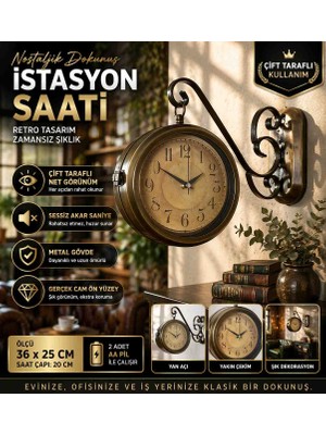 Çift Taraflı Istasyon Saati Eskitme Metal Retro Duvar Saati 36X25 cm Vintage Saat