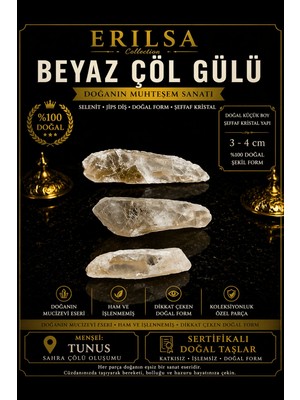 Erilsa Sertifikalı Beyaz Çöl Gülü Selenit Taşı Kütle - 3-4 cm Küçük Boy Doğal Şeffaf Kristal Ham Taş