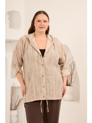 Rmg Kapuşonlu Kol Apolet Detaylı Büyük Beden Ceket Bej