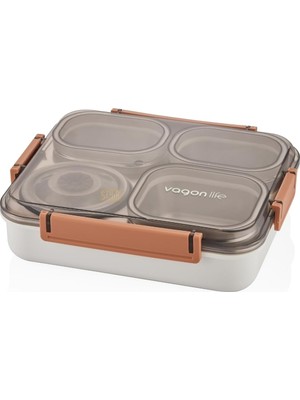 Bento 1200ML Lunchbox Tek Katlı 4 Bölmeli ve Kaseli Çelik Sefer Tası Yemek Kutusu (Turuncu)