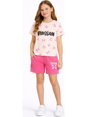 Cansın Mini Pembe Fiyonk Desenli Bisiklet Yaka Tişörtlü Kız Çocuk Şortlu Takım 23882