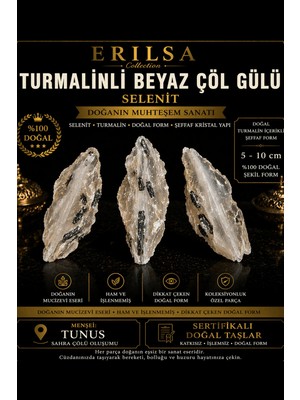 Erilsa Sertifikalı Turmalinli Beyaz Çöl Gülü Selenit Taşı Kütle - 5-10 cm Doğal Ham Kristal Nadir Parça