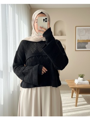 Moda Morfo Ajurlu Ponponlu Uzun Kol Triko Kazak -Siyah