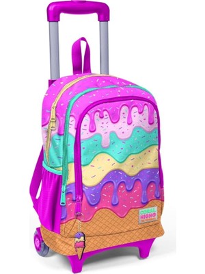 High Işıklı Tekerlekli Dondurma Çekçek Okul ve Seyahat Çantası Kız Çocuk Rengarenk