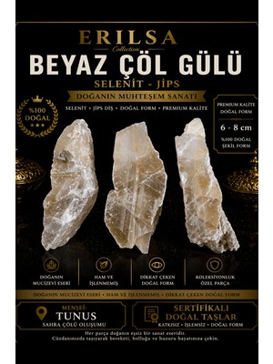 Erilsa Sertifikalı Beyaz Çöl Gülü Selenit Taşı Kütle - 6-8 cm Premium Kalite Doğal Ham Kristal Jips