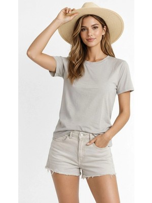 Pileli Store Kadın Tişört Osy Modal Yumuşak Dokulu Kumaş Bisiklet Yaka T-Shirt - Gri