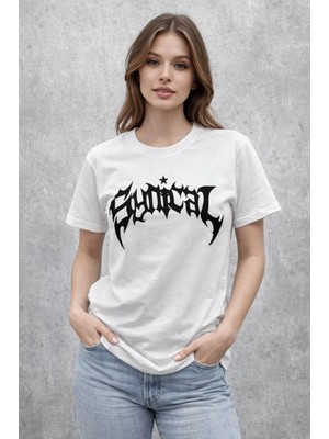 Pileli Store Kadın Kısa Kol Yazlık Tişört Bisiklet Yaka Baskılı Oversize T-Shirt - Beyaz