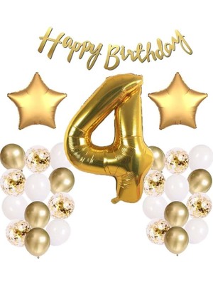Gitti Gold Konsept Doğum Günü Kutlama Seti; Beyaz Gold Konfetili Balon, Rakam Yıldız Folyo ve Banner (4 Yaş)