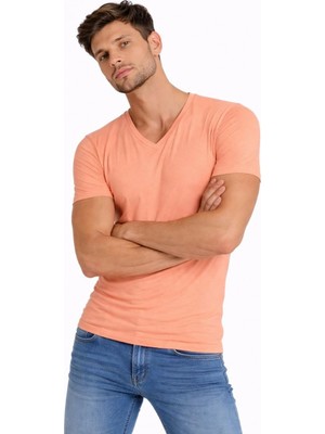 Pileli Store Erkek Body T-Shirt V Yaka Slim Fit Likralı Kısa Kol Tişört - Toz Pembe