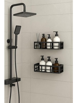Duş Rafı – 2 Adet Paslanmaz Banyo Şampuanlık Organizer | Delmeden Montaj | Geniş Kapasiteli Duş Organizeri | Siyah Plastik Raf – Banyo Mutfak Uyumlu