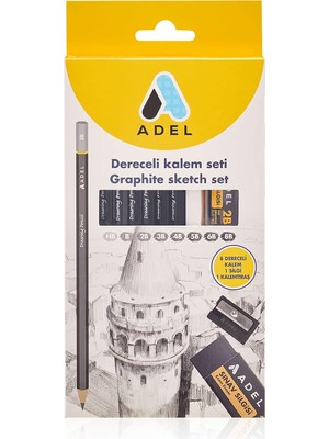 ADEL Dereceli Kurşun Kalem Seti 8’li Hb-8B Teknik Çizim ve Eskiz İçin Sınav Silgisi ile Kalemtıraş