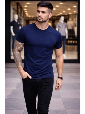 Pileli Store Erkek Body Tişört Bisiklet Yaka Slim Fit Likralı T-Shirt - Lacivert
