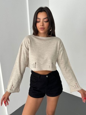 Moda Morfo Kayık Yaka Triko Crop -Taş