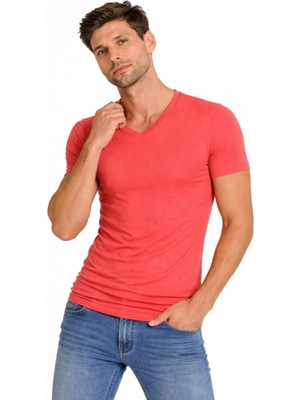 Pileli Store Erkek Body T-Shirt V Yaka Slim Fit Likralı Kısa Kol Tişört - Nar Çiçeği