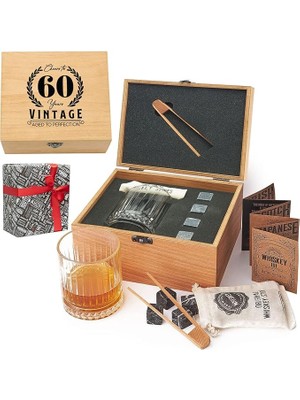 60 Yaş Tasarımlı Ahşap Kutulu Tekli Glasgow Viski Kadeh Seti + 4 Soğutucu Taş Seti