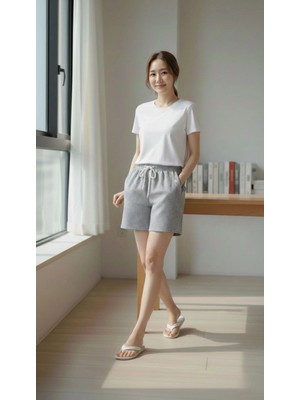 Pileli Store Kadın Pötikareli Şort Beli Lastikli Bağcıklı Cepli Kesim Şort - Füme