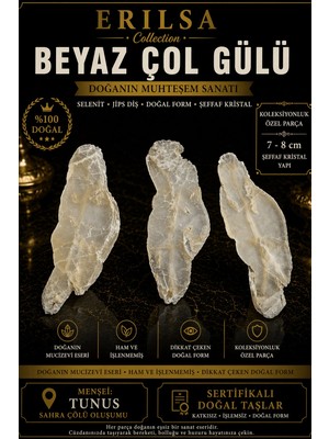 Erilsa Sertifikalı Beyaz Çöl Gülü Selenit Taşı Kütle - 7-8 cm Şeffaf Kristal Yapı Koleksiyonluk Doğal Taş